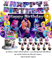 Lade das Bild in den Galerie-Viewer, Deko-Set im K-Pop Girl Demon Hunters Stil – inklusive Ballons, Jahreszahl, Kuchen-Deko und Banner